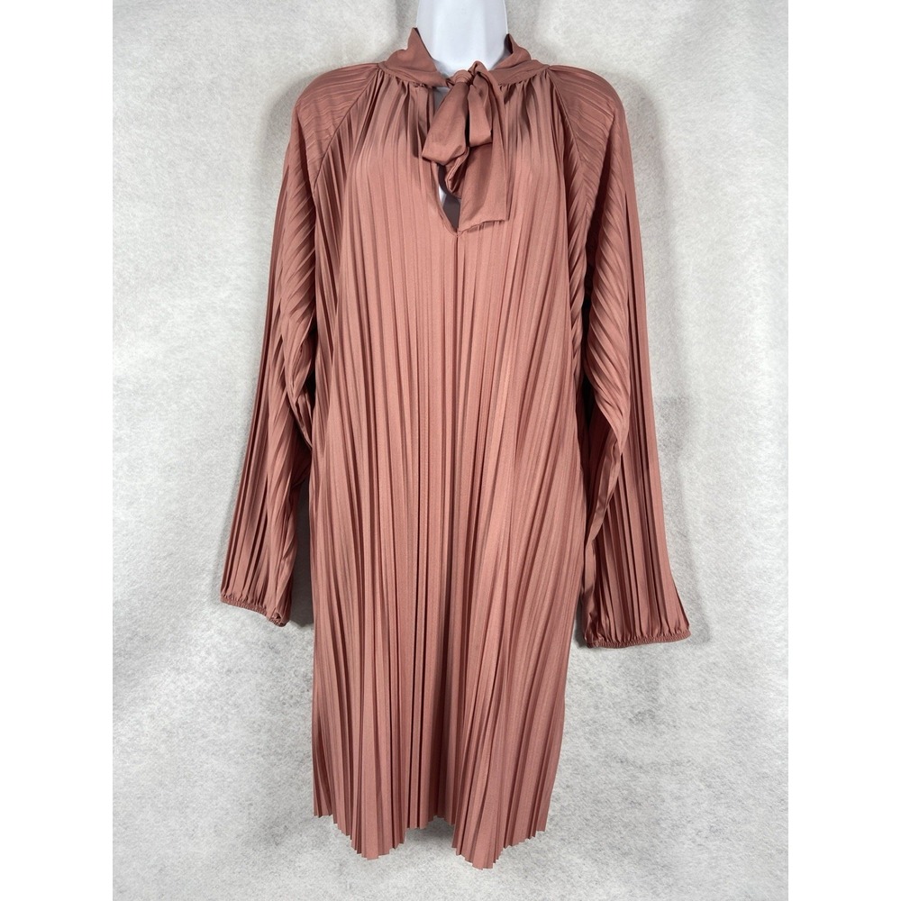 Zara Dress Women's Medium Coral Shift Pleated Tie Neck Balloon Sleeves